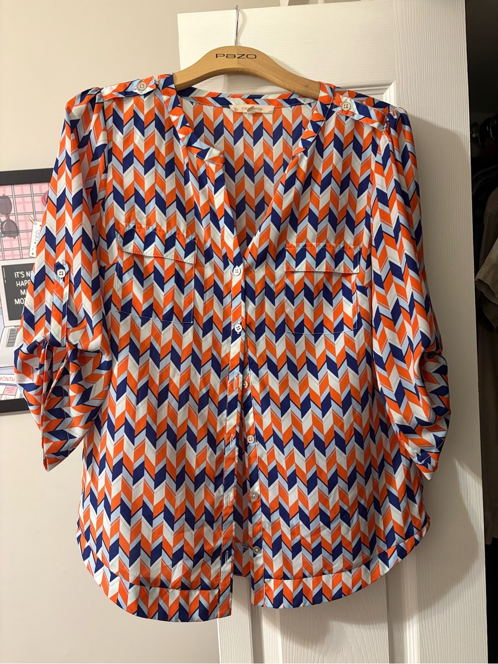 41 Hawthorn Orange Navy and White Geometric Button-Front Blouse